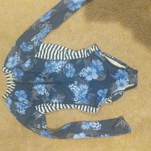 Girls blue and black flower bathing suit with black/white stripes and a zipper